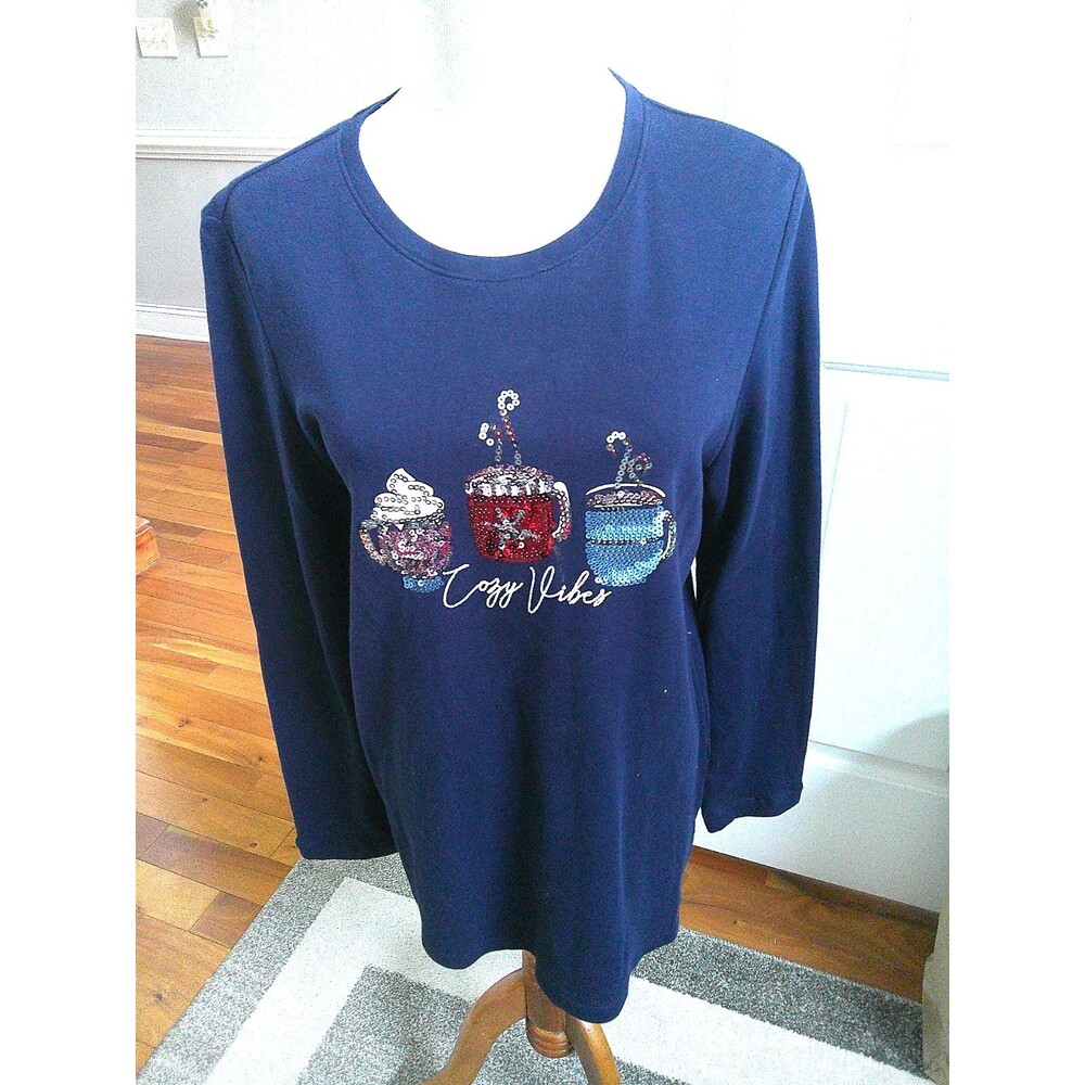 Kim Rogers Long Sleeve Navy  Tee Sequin Coffee Mugs "Cozy Vibes" So Cute Size M